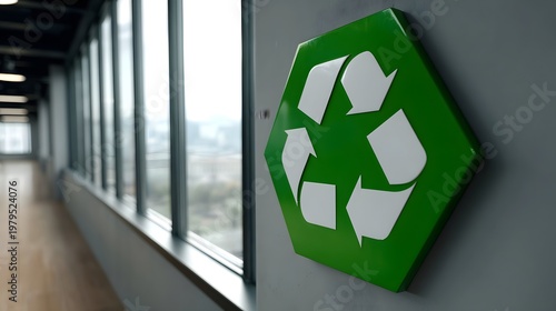 A bright indoor hallway features a prominent green recycling symbol alongside a panoramic view of the distant cityscape