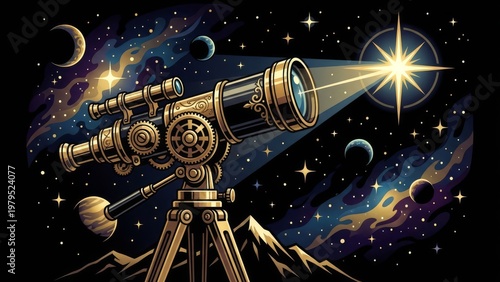 Vintage Telescope Observing Starry Night Sky and Distant Planets from Mountain