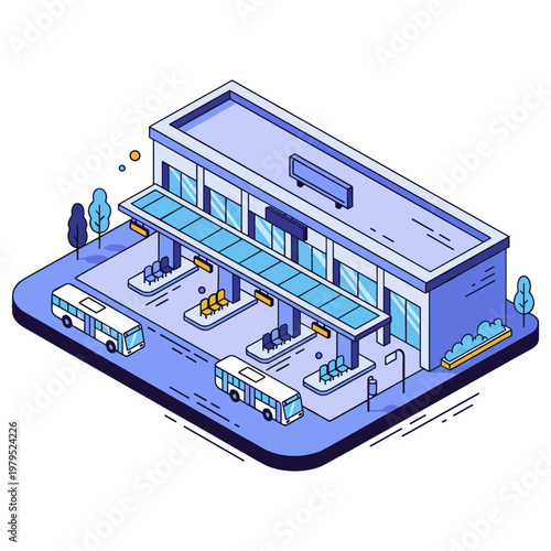 Isometric illustration of a modern bus station with buses and passengers. No editable stroke
