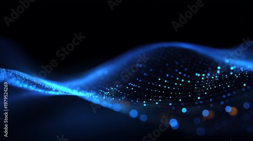 A vibrant blue wave of light and particles flows across a dark background