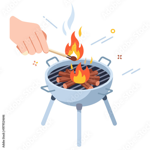 Hand lighting fire in outdoor grill with wood and flames