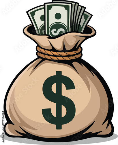 Money Bag with Dollar Bills Vector – Detailed Financial Success and Wealth Illustration