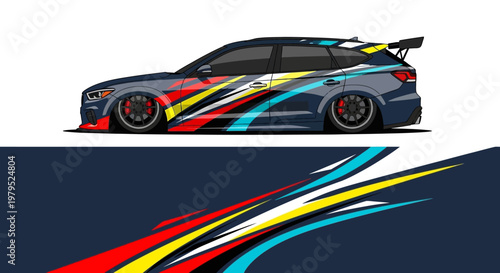 Stylized high speed race car with vibrant multicolor stripes on dark background.