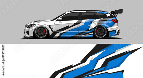 High-speed blue and white racecar with bold livery, aero design, and dynamic stance.