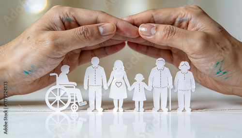 Conceptual image of hands protecting a diverse family silhouette including a person in a wheelchair, representing insurance and security