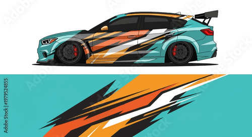 Dynamic teal and orange race car illustration with bold stripes and sleek design.