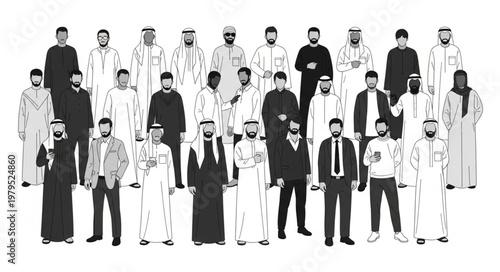 Group of diverse men in traditional attire, standing together.