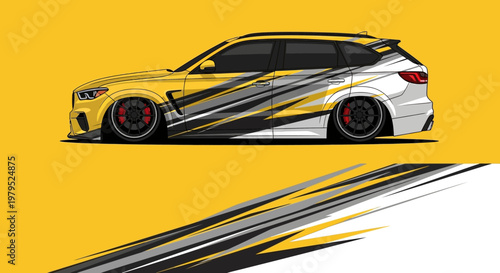 Sleek yellow race car graphic with dynamic black gray streaks and bold stylized lines on a bright backdrop.