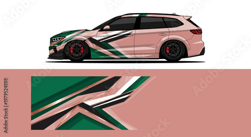 Sleek customized race car with green pink livery and diagonal flag motif on a modern transport background.