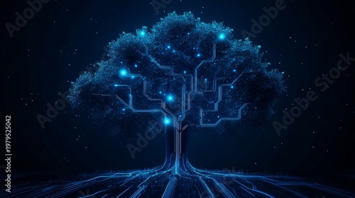 A futuristic tree with glowing blue circuits and lights in a dark background
