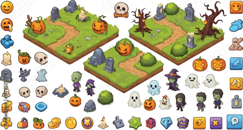 Isometric Halloween game assets, spooky graveyard landscape tiles with pumpkins and ghosts, cartoon cemetery map builder kit for mobile gaming UI design