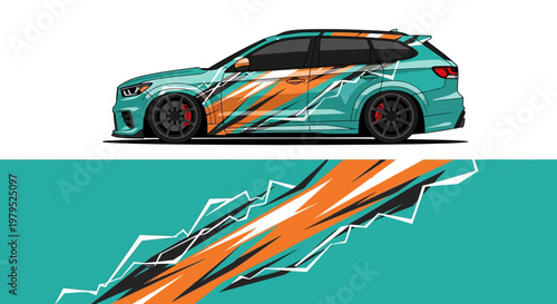 Vibrant teal and orange sports car illustration with dynamic diagonal stripes.