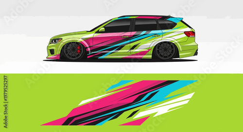Vibrant multicolored racing car with dynamic stripe livery and bold graphics.