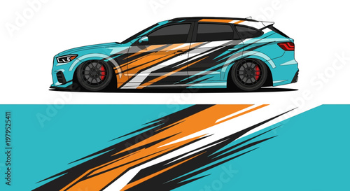Dynamic turquoise race car with bold orange and black swooping graphics in motion.