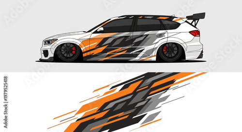Side profile of a high-speed orange and black racecar with dynamic livery and aerodynamic design.