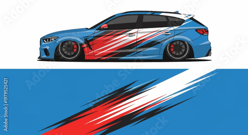 Bold blue race car with red white stripe graphic design on abstract background.