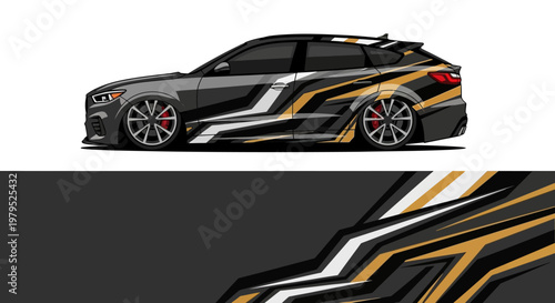 Stylized Black Gold Orange White Car Wrap with Graphic Stripes.