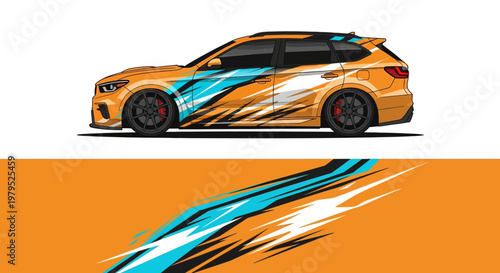 Vibrant wrapped sports car side view with dynamic blue and orange streaks.