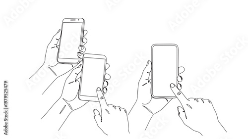 Hands holding smartphones drawing sketch line art showing gestures for using a mobile screen featuring smartphone, gesture, touchscreen with