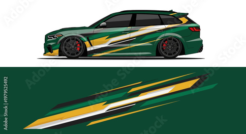 Dynamic green sports car with yellow racing stripes and sleek design.