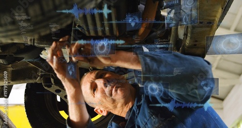 Auto mechanic working under lifted car scan starting HUD analyzing suspension repairing with wrench