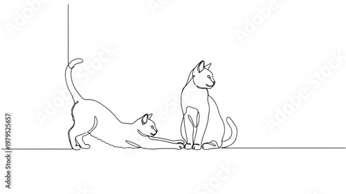 Line art cats playing together with a ball and gentle paw movements on a clean white background featuring kitten, pet, playtime with playful and