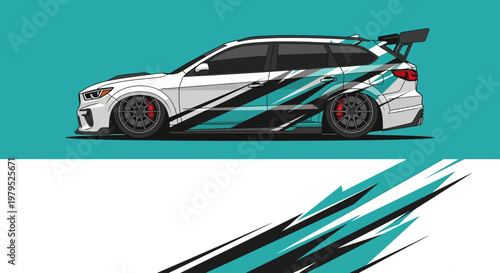 Dynamic teal and white race car illustration with bold graphic accents and motion lines.