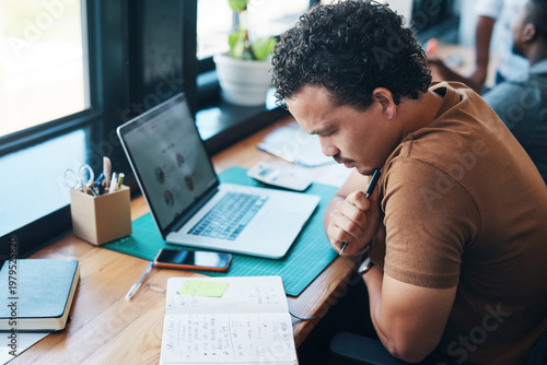 Fotografía Creative, man or thinking with notebook in office for campaign brief, typography ideas or laptop notes