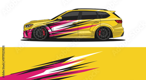 Colorful racing car with bold pink and yellow graphics on a white background.