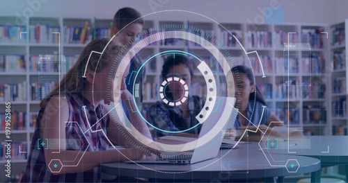 Leaning three students collaborating around laptop in library study area, with HUD overlay