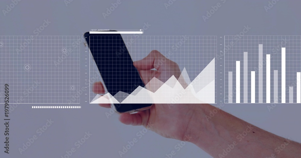 Fototapeta premium Holding bare forearm and hand presenting charts on smartphone in light-gray studio, with overlays