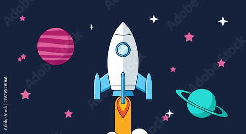 Cartoon rocket blasting off into a starry space sky with planets and stars.