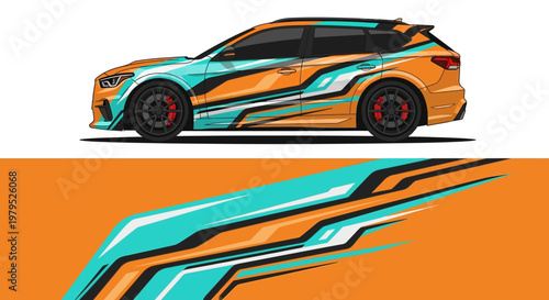 Striking orange sports car with turquoise racing graphics and bold stripes on a clean background.