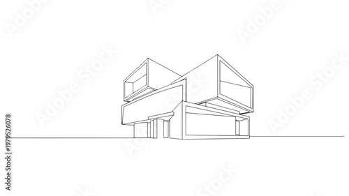 Doorstep house opening concept line drawing with folded shutters and doorway reveal on clean minimal background