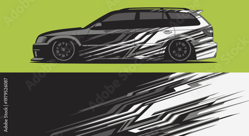 Sleek black sports car with bold white racing stripes on split green and dark backgrounds.