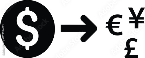 Currency exchange, dollar to euro, yen, pound, vector finance icon