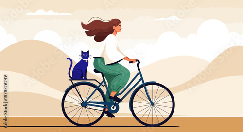 Woman cycling with a cat in a basket along a sunset landscape illustration.