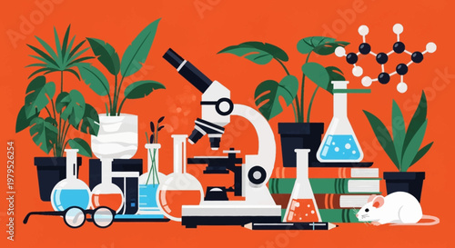 Colorful Laboratory Scene with Plants and Scientific Equipment Illustration.