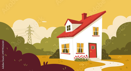 Quaint colorful house amidst rolling hills and trees under a sunny sky.