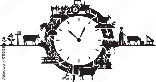 Farm Animals and People Around a Large Clock Face