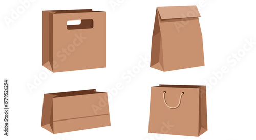 Assorted kraft paper bags in different angles ready for shopping, retail, and eco friendly uses.