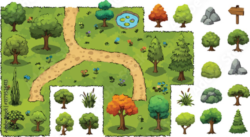 Cartoon forest landscape game assets, top down view of park map with dirt paths and pond, collection of 2D trees and rocks for mobile game level design