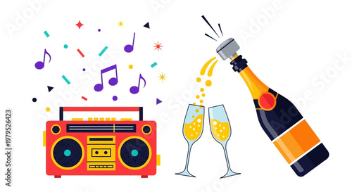 Vibrant party scene with boombox music and champagne toast illustration.