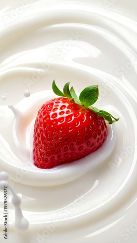 A strawberry surrounded by swirling white liquid