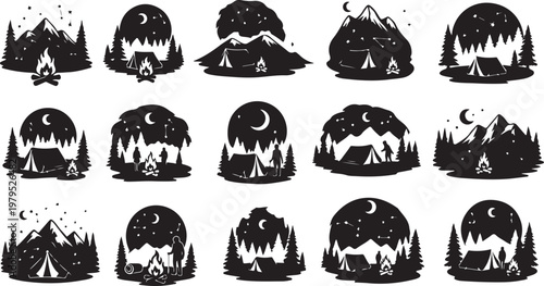 Camping and outdoor adventure icons in black and white