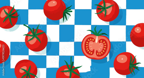 Fresh red tomatoes scattered on a blue and white checkerboard background with sliced tomato pieces.