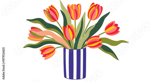Colorful Tulips in a Striped Blue Vase: A Bright Stilllife Painting.