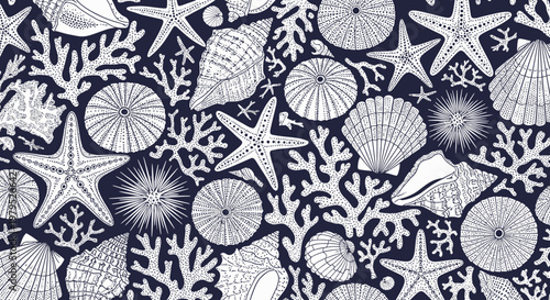 Close-up pattern of seashells and starfish on a blue marine surface.