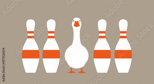 Quirky Chicken Among Bowling Pins: A Playful Centerstage Illustration of Sport and Fun.