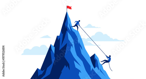 Climbers Ascend a Jagged Blue Mountain Peak in a Dynamic Illustration.